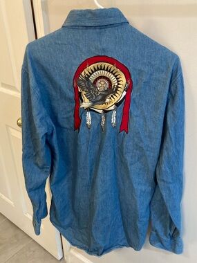CRAZY COWBOY Vintage Large Denim Embroidered cowboy western button up shirt